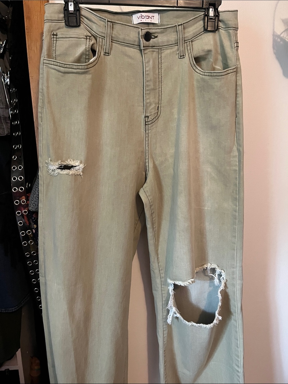 Vibrant light sage green/sand distressed wide-leg jeans with blowout, 11 (29)
